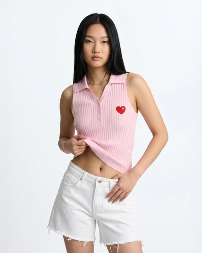 Heart-Embroidered Polo Tanktop